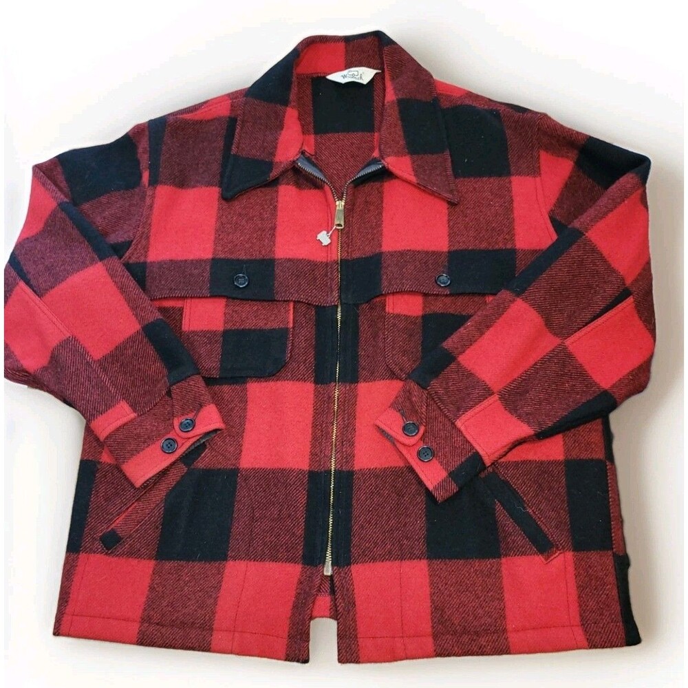 Vtg 1975 Woolrich Buffalo Plaid Wool Jacket XL Red Black Talon Zipper Sheep...